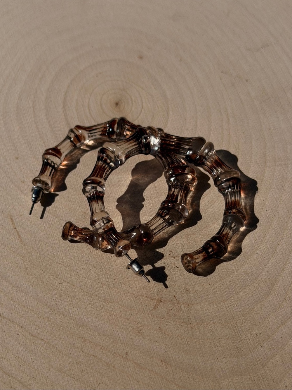 Brown Tortoiseshell Bamboo-Style Hoop Earrings - Picture 2 of 2